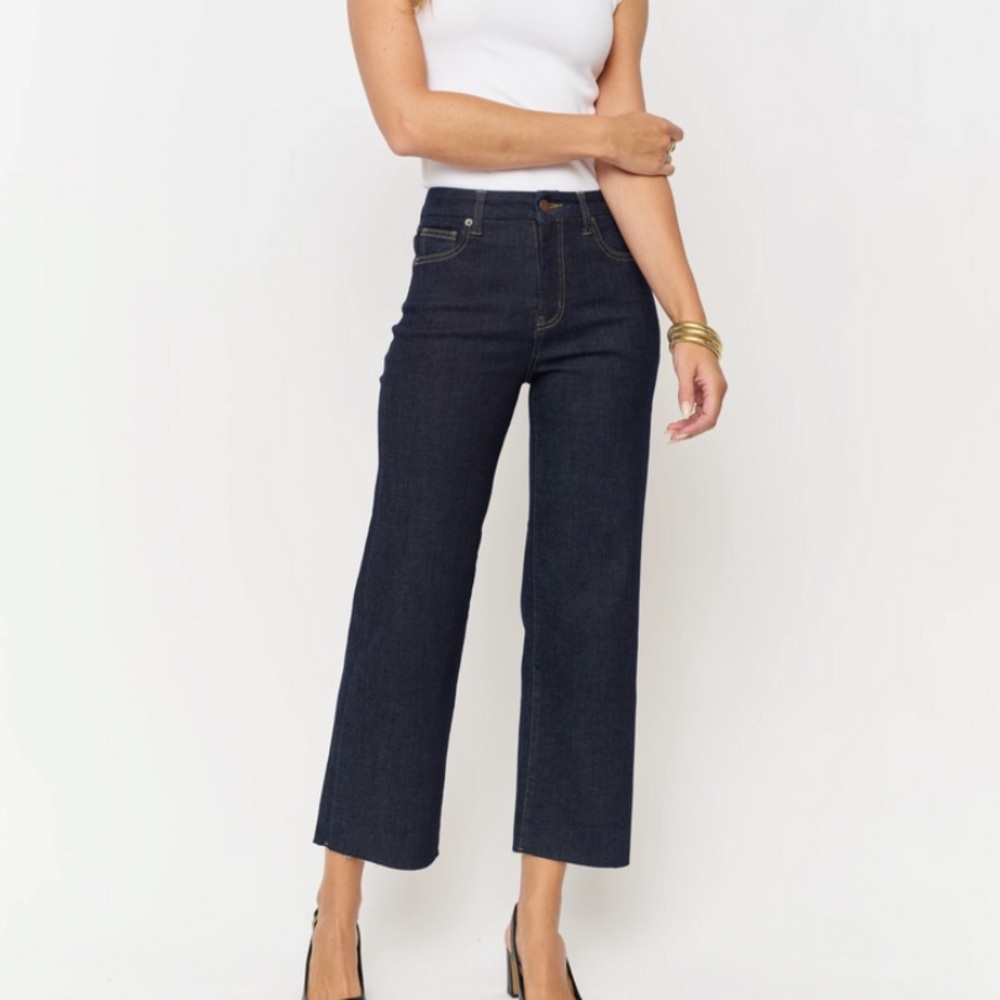 Oliver Logan dark wash jeans, high rise with wide leg and cropped raw hem size